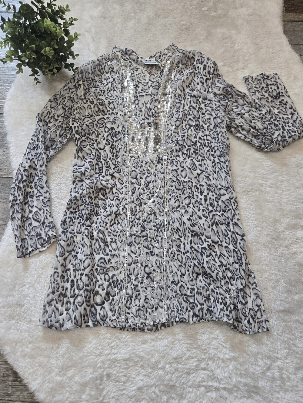 Chico's Leopard Print Silk Sequin V-Neck Tunic Blouse, Chico's 1 - US M